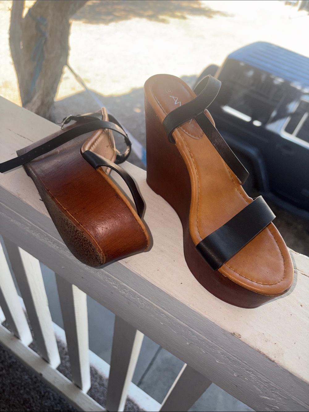 Anna Black Strap Wedge Sandals with Brown Platform